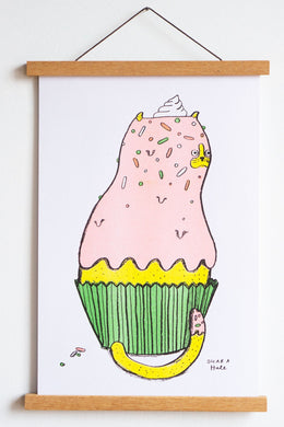 Cat Cupcake Risograph Print