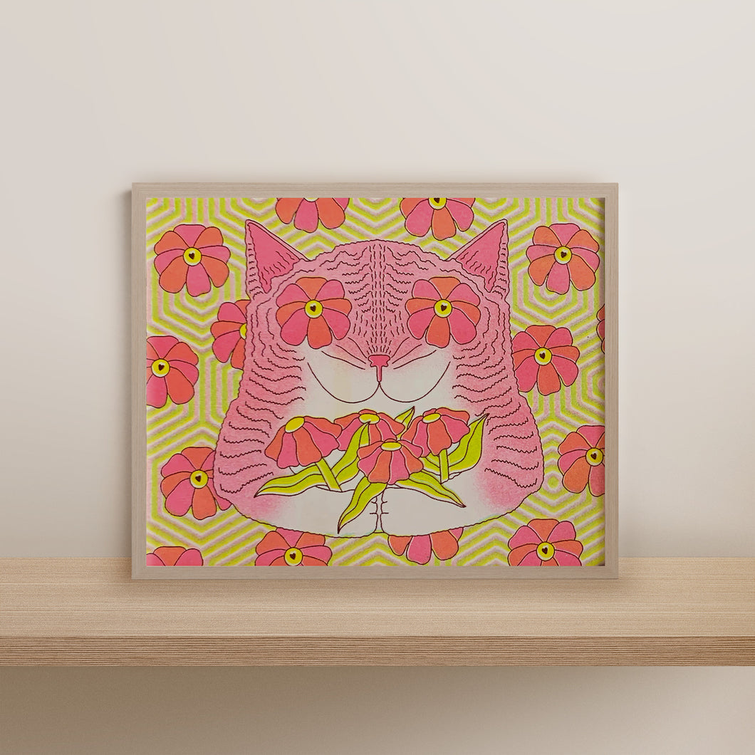 Flower Cat Riso Print